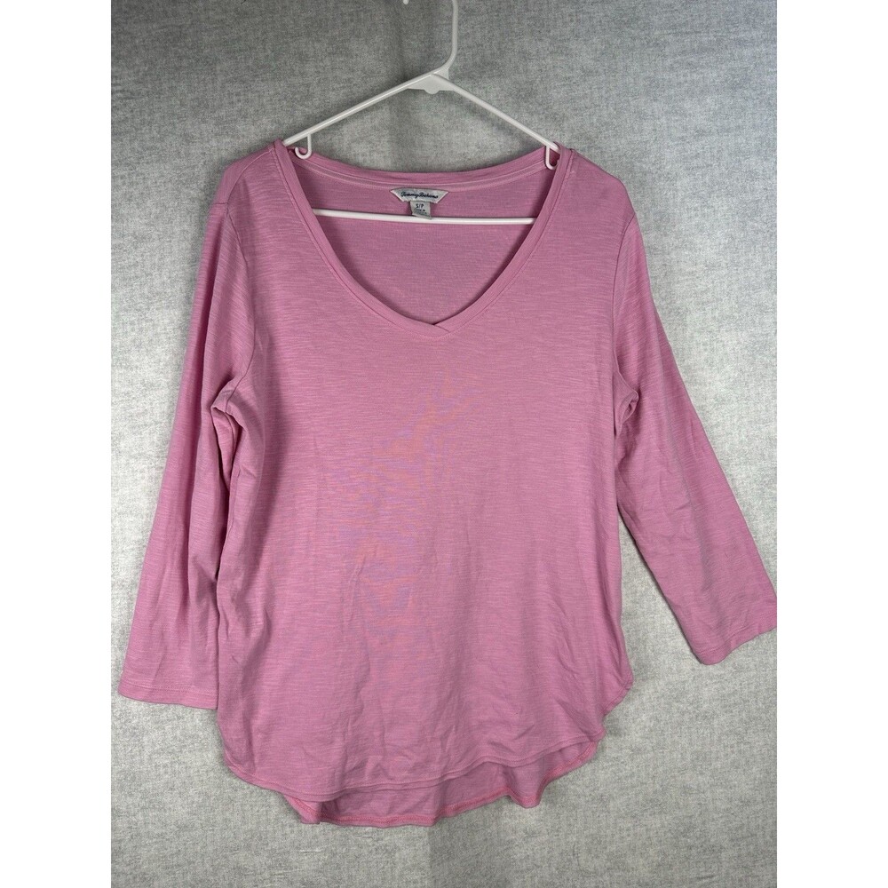 Tommy Bahama Womens 3/4 Sleeve Tee Shirt Sm Marled Pink V Neck Hi/Lo Hem